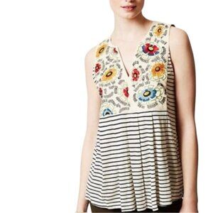 { Anthropologie } Tiny Striped Embroidered Flowy Tank
